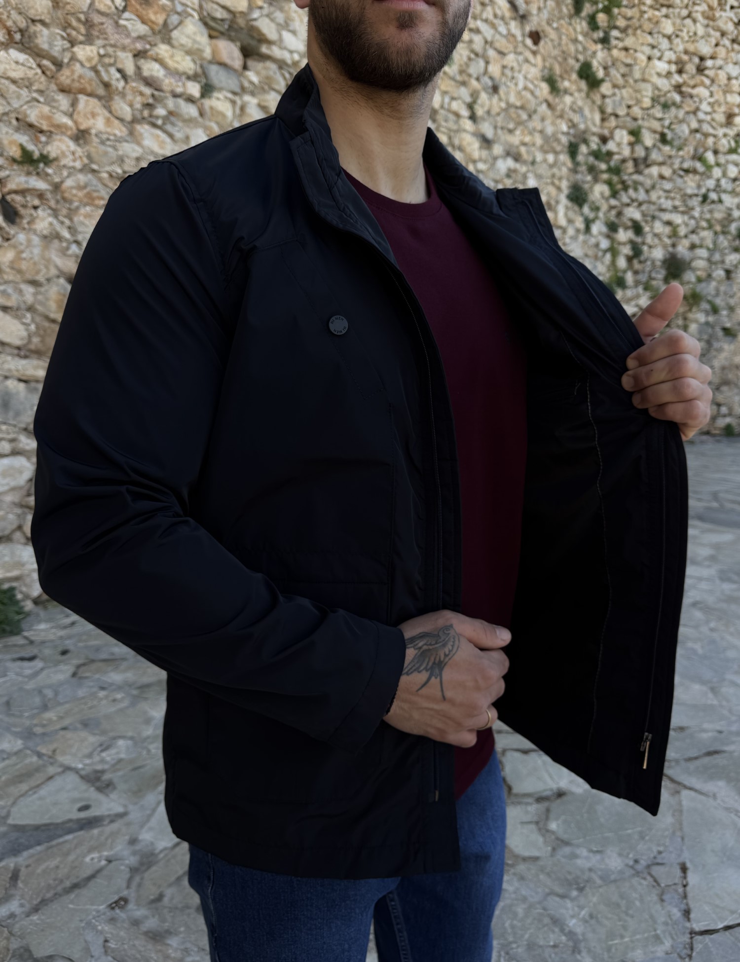 Ανδρικό μπλε ελαφρύ μπουφάν με γιακά και ίσιο τελειώμα HM264085 φωτογραφία